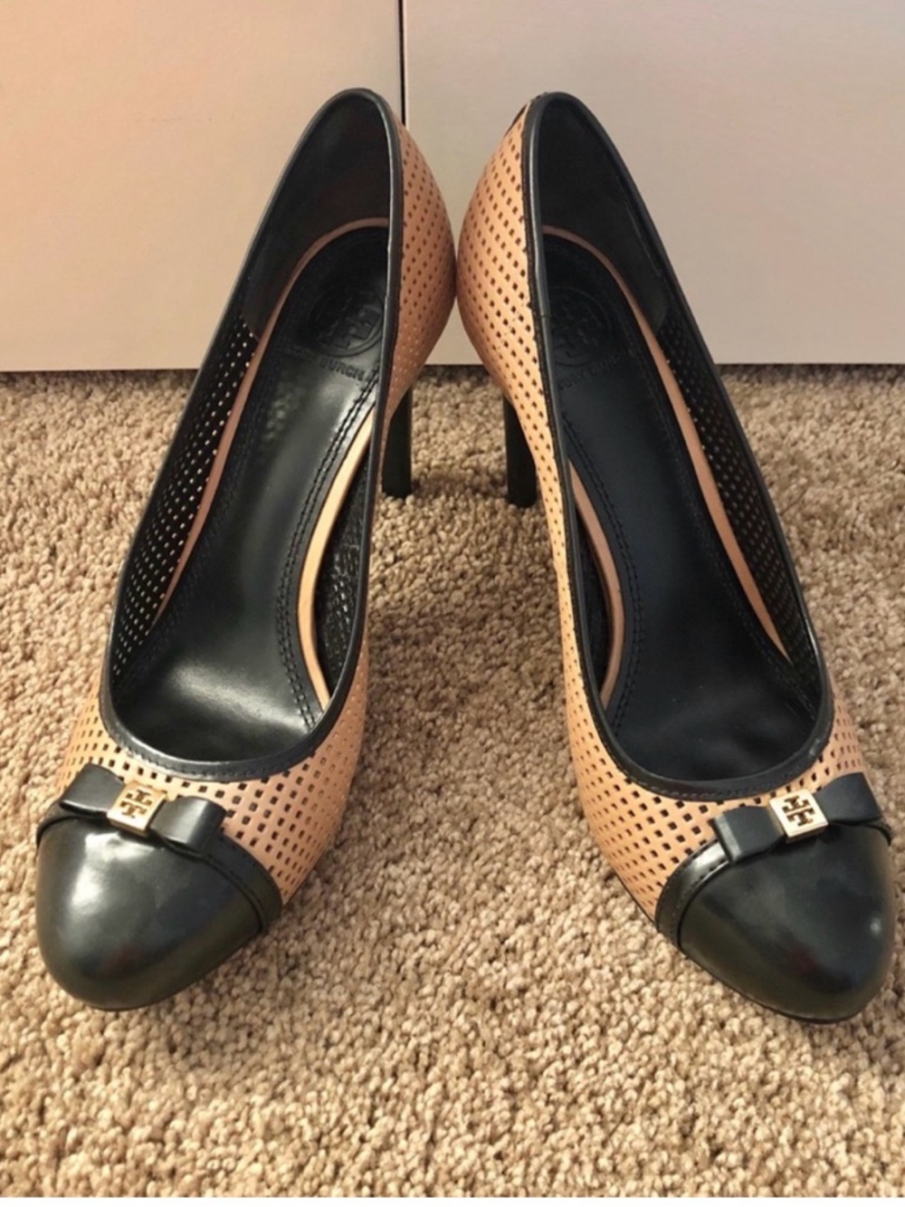 Tory Burch Tan and Black Perforated Leather Pumps